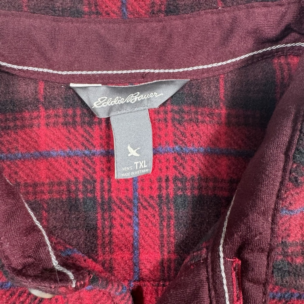 Eddie Bauer Fleece Button Down Flannel Men's TXL Tall Plaid Red Front Pockets - Picture 4 of 7